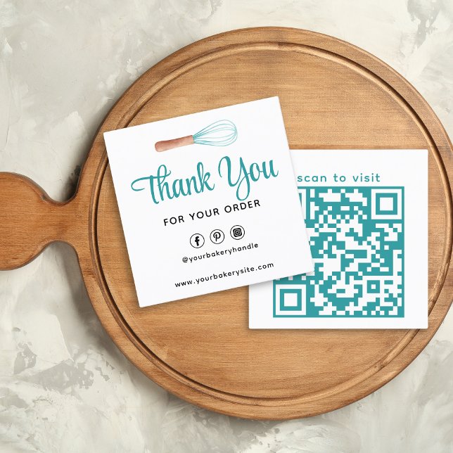 Carte De Visite Carré Turquoise Aquarelle Whisk Bakery QR Merci (Créateur téléchargé)