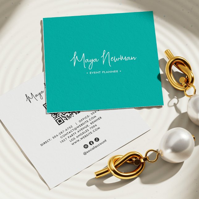 Carte De Visite Carré TURQUOISE BLUE Modern CHIC Minimal QR Code (Créateur téléchargé)