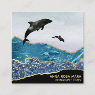 Carte De Visite Carré *~* Turquoise Glam Beach Dolphins Gold Parties sci