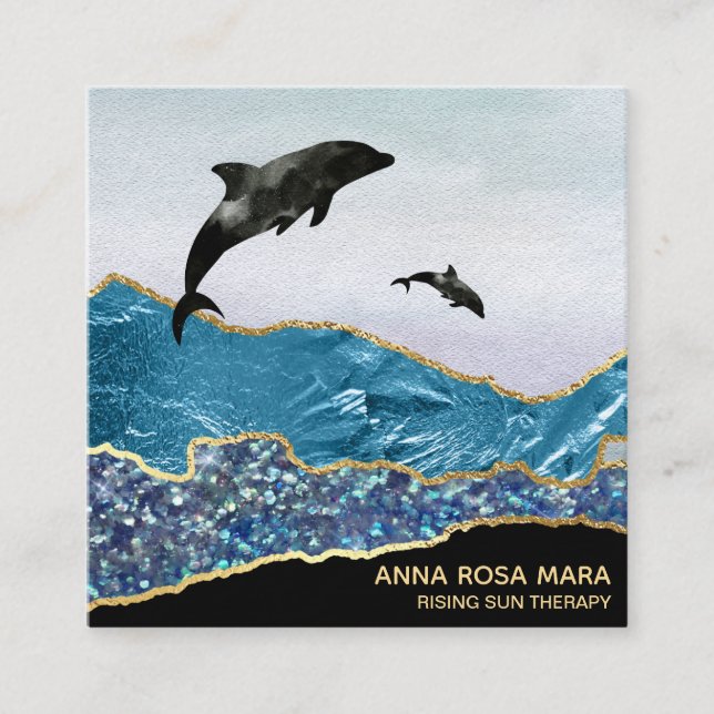 Carte De Visite Carré *~* Turquoise Glam Beach Dolphins Gold Parties sci (Devant)