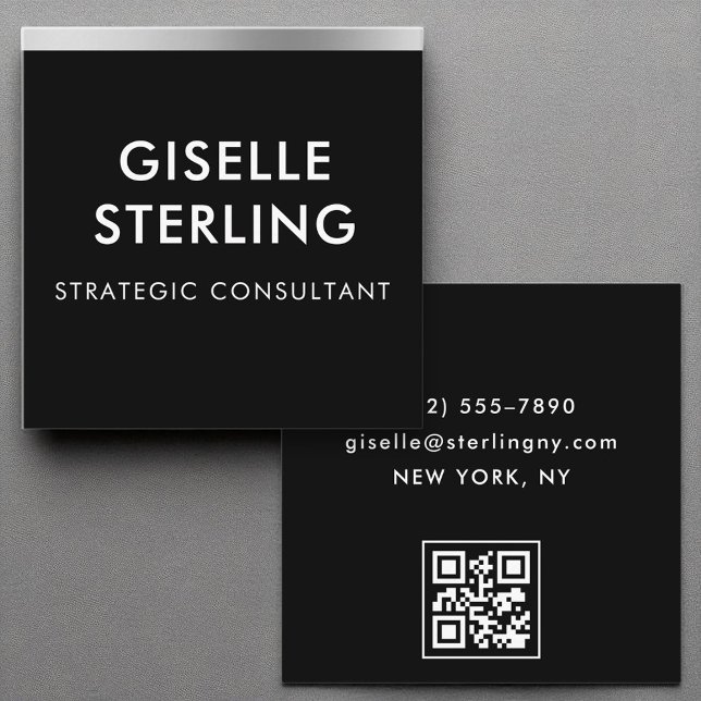 Carte De Visite Carré Typographie minimale Noir Silver Luxury QR Code (Créateur téléchargé)
