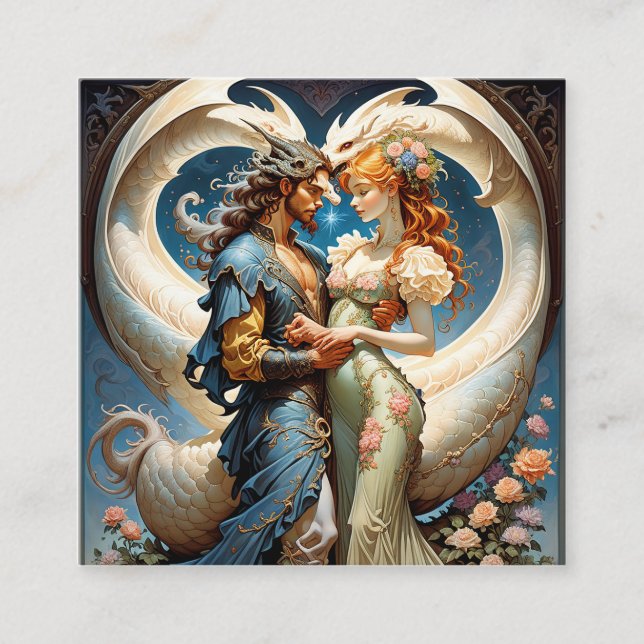 Carte De Visite Carré Un demi-dragon mythique et sa perle de coeur fille (Devant)