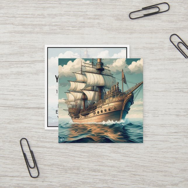 Carte De Visite Carré Une peinture d'un navire avec les voiles baissées- (Devant/Arrière en situation)