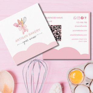 Carte De Visite Carré Ustensiles de boulangerie à ruban rose blush moder