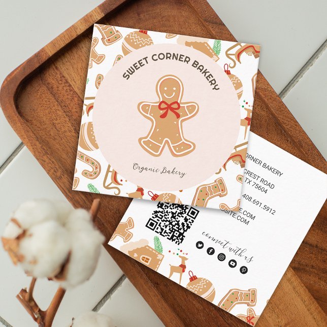 Carte De Visite Carré Vacances boulangerie pain d'épices Code QR (Holiday Gingerbread Xmas Bakery Square Business Card)