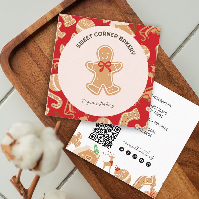 Carte De Visite Carré Vacances boulangerie pain d'épices Code QR (Holiday Gingerbread Bakery QR Code Square Business Card)