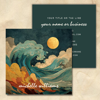 Carte De Visite Carré Vagues océaniques sous la pleine lune – Plage côti