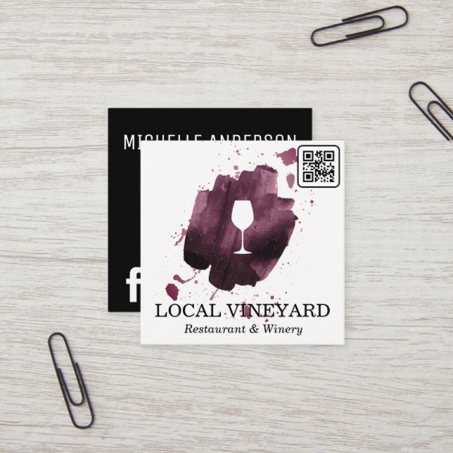 Carte De Visite Carré Verre de vin | Brosse expressive | Code QR (Devant/Arrière en situation)