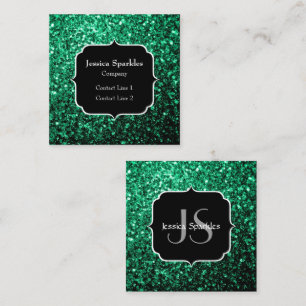 Carte De Visite Carré Vert émeraude faux paillettes scintillent Monogram