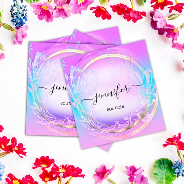 Carte De Visite Carré Vert Floral QRCode Professionnel Boutique Rose Ble (Green Floral QRCode Professional Shop Pink Blue Square Business Card)