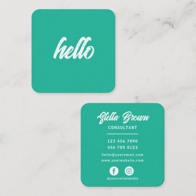 Carte De Visite Carré Vert Hello chic texte gras (Devant / Derrière)