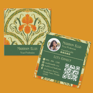 Carte De Visite Carré Vert & Orange Floral Retro Féminin 