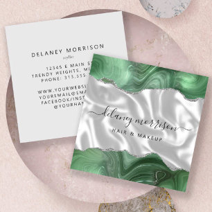Carte De Visite Carré Vert sauge Agate Paillettes Argent Luxe Blanc