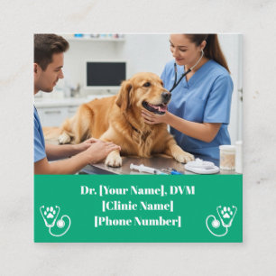 Carte De Visite Carré Vétérinaire vert et clinique pour animaux de compa