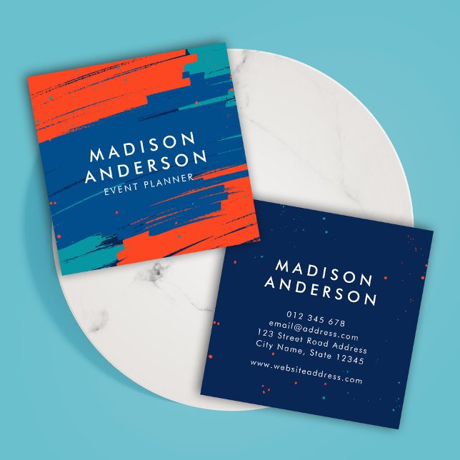 Carte De Visite Carré Vibrant Orange Bleu Turquoise Moderne Gras Gras (Créateur téléchargé)
