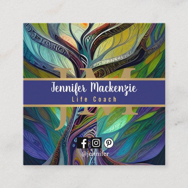 Carte De Visite Carré Vie Coach Thérapiste Rainbow Tree of Life (Devant)