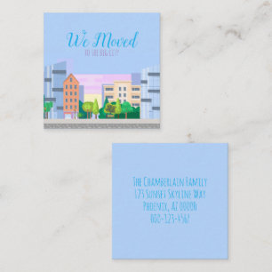 Carte De Visite Carré Ville colorée Skyline Nous avons déplacé domicile