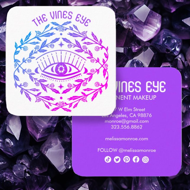 Carte De Visite Carré Vins Roses des yeux mystiques Boho magique (Cool boho botanical eye line art in purple on these custom square business cards w social icons)