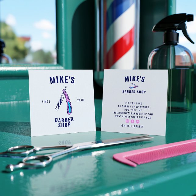 Carte De Visite Carré Vintage bleu homme barbershop rasoir coiffeur styl (Vintage blue mens barbershop razor hair stylist)