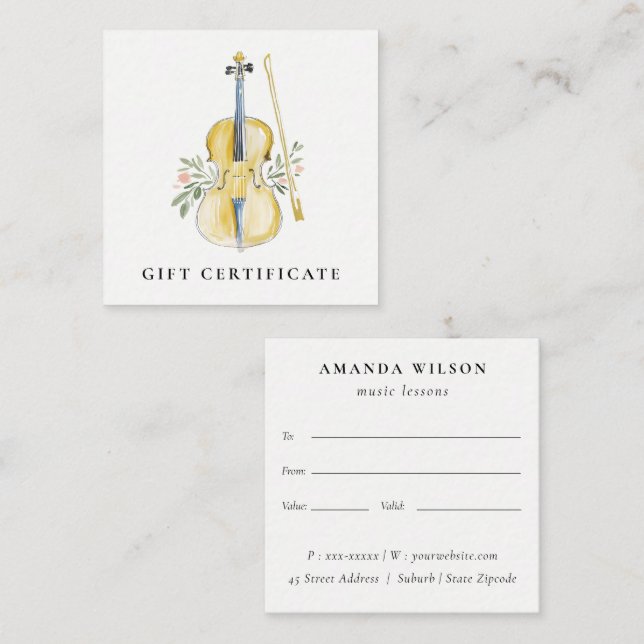 Carte De Visite Carré Violin Musician Music Teacher Gift Certificate (Devant / Derrière)