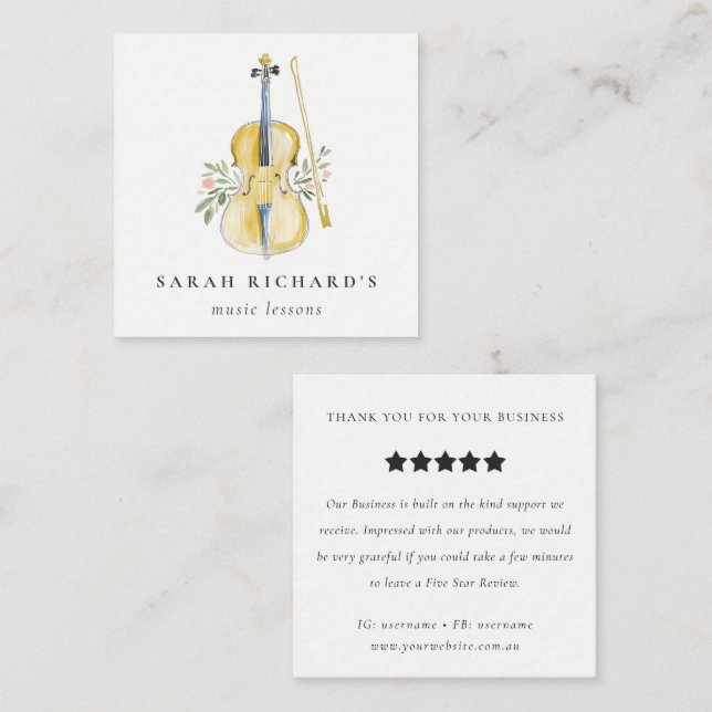Carte De Visite Carré Violin Musician Music Teacher Review Request (Devant / Derrière)