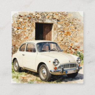 Carte De Visite Carré Voiture Ancienne près d'un Bâtiment en Pierre