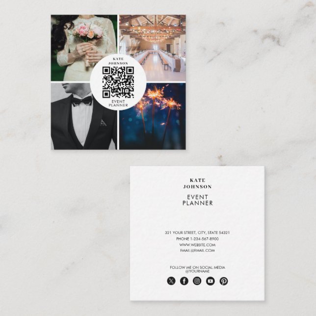 Carte De Visite Carré Wedding planner de l'événement Photo QR Code média (Devant / Derrière)