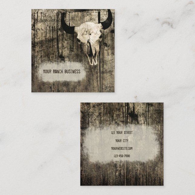 Carte De Visite Carré Western Bull Skull Sepia Vintage Rustic (Devant / Derrière)