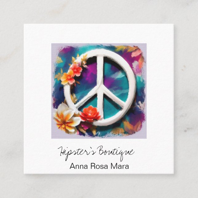 Carte De Visite Carré *~* White QR Peace Sign Flowers Grunge Boho AP57 (Devant)