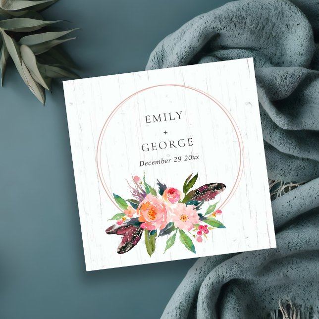 CARTE DE VISITE CARRÉ WOOD BOHO BLUSH FLORAL WREATT SITE MARIAGE RSVP (Créateur téléchargé)