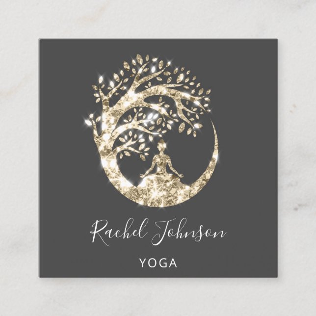 Carte De Visite Carré Yoga Classes École Logo Instructeur QR Black Gold (Devant)