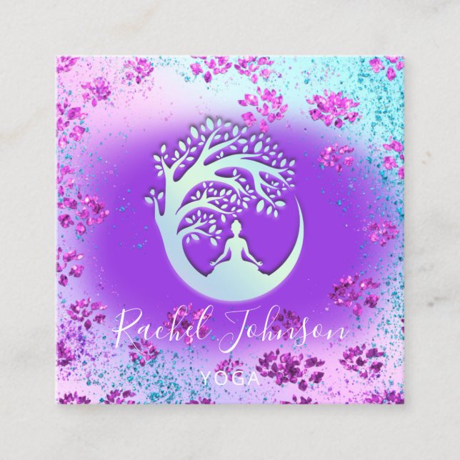 Carte De Visite Carré Yoga Classes École Logo Instructeur QR Guérir Purp (Devant)