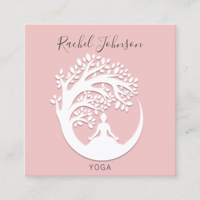 Carte De Visite Carré Yoga Classes École Logo Instructeur White Pink (Devant)