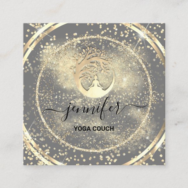 Carte De Visite Carré Yoga Couch Therapist Logo QR Code Gold Glitter (Devant)