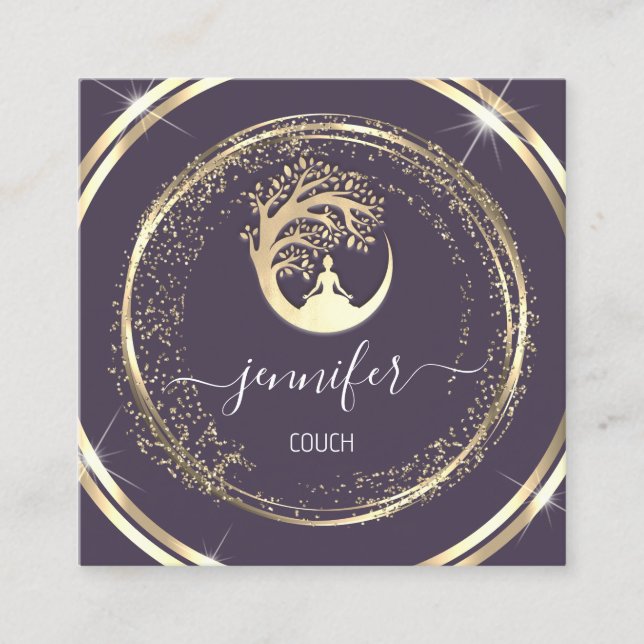 Carte De Visite Carré Yoga Couch Thérapiste Mindfult QR Gold Blue (Devant)