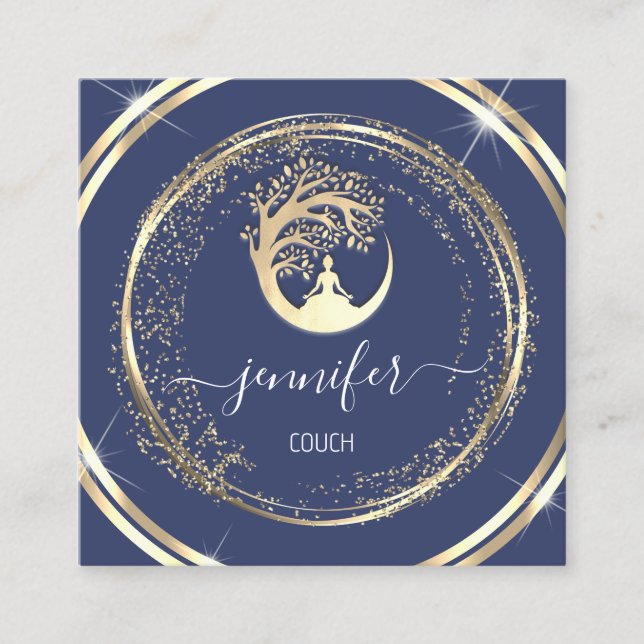 Carte De Visite Carré Yoga Couch Thérapiste Mindfult QR Gold Blue Navy (Devant)