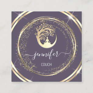Carte De Visite Carré Yoga Couch Thérapiste Mindfult QR Gold Purple
