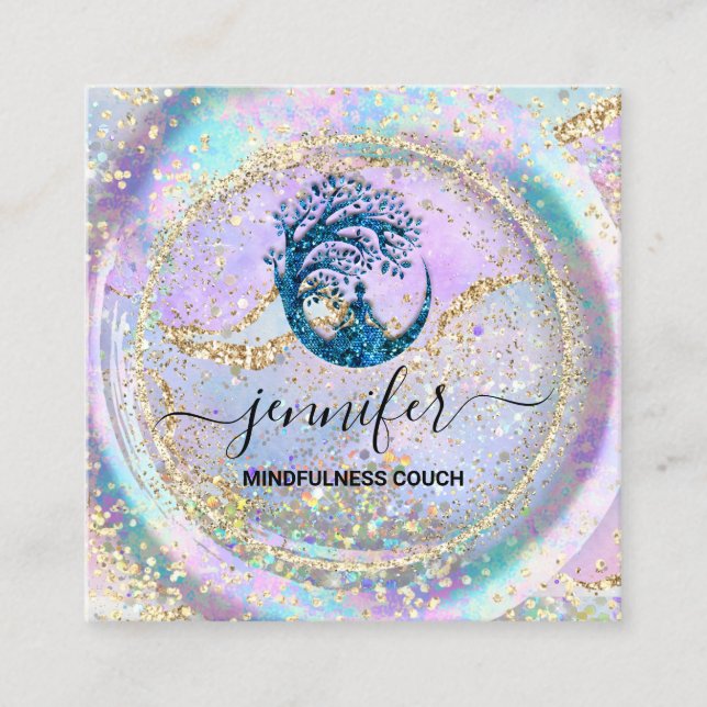 Carte De Visite Carré Yoga Couch Therapy Logo QR Code Holographe Bleu (Devant)