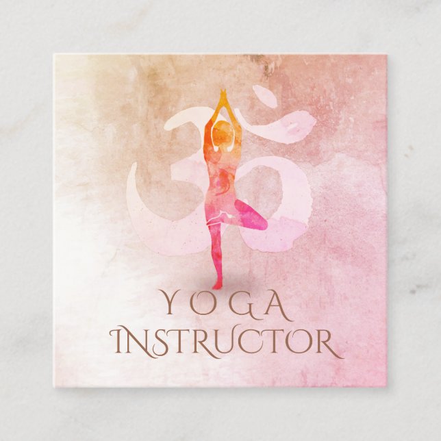 Carte De Visite Carré Yoga Instructeur Méditation Pose Om Signe Aquarell (Devant)