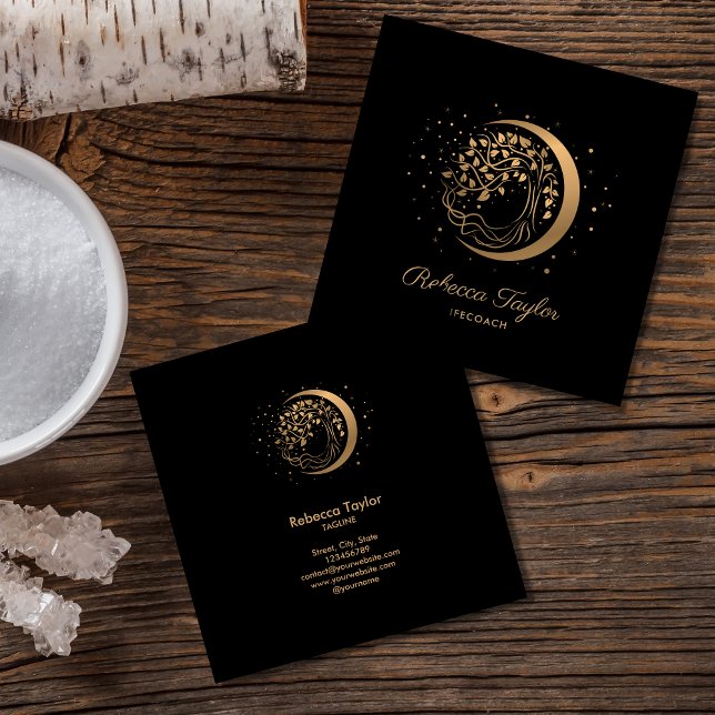 Carte De Visite Carré yoga lune feminine vie coach arbre de vie or (Créateur téléchargé)