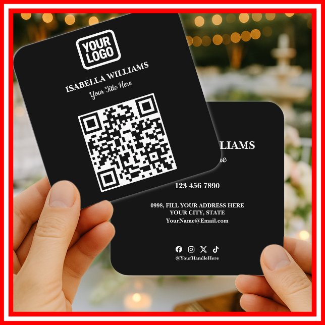 Carte De Visite Carré Your Logo Here Simple Modern Black Website QR Code (Créateur téléchargé)