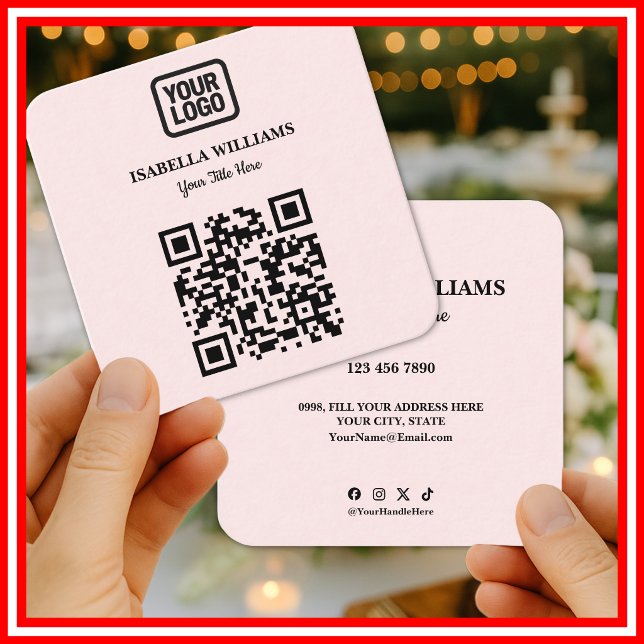 Carte De Visite Carré Your Logo Here Simple Modern Pink Website QR Code (Créateur téléchargé)