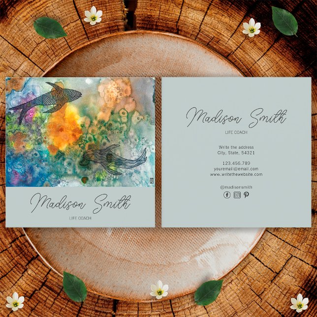 Carte De Visite Carré Zen Oriental Koi Pond Poisson Aquarelle Vie Coach (Front and Back)