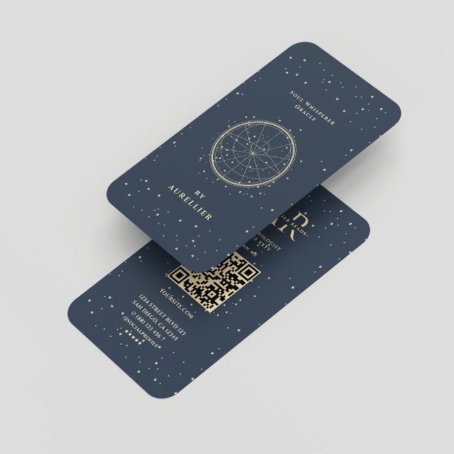 Carte De Visite Cartomane Tarot moderne Monogramme Or Bleu foncé (Modern Tarot Cartomancer Dark Blue Gold Monogram Business Card
)