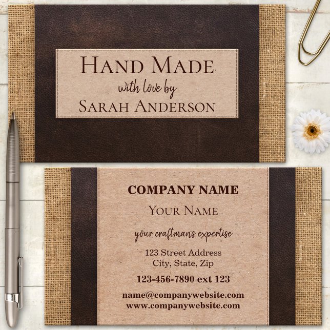 Carte De Visite Carton en cuir Burlap artisanal (Business card with a dark faux leather area with cardboard text fields on burlap - handmade)