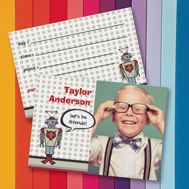 Carte De Visite Carton Retro Robot Fun Kids Photo Playdate Card (Créateur téléchargé)