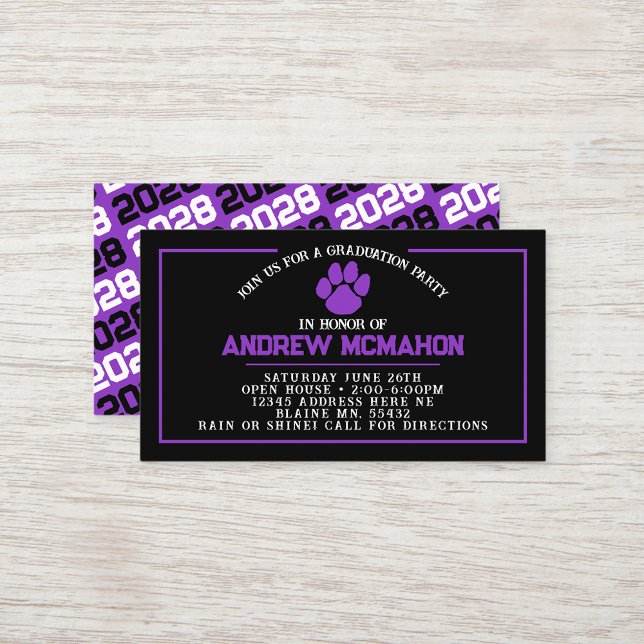 Carte De Visite Cartons d'invitation miniatures de remise de diplô (Black and Purple Pawprint Mini Graduation Invites for Friends, Team Mates or as Inserts!)