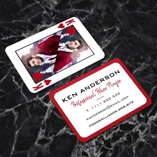 Carte De Visite Casino King of Hearts Red White Photo Poker (Mockup of front and back of card on a marble counterrop)