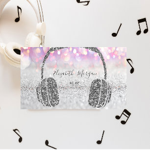 Carte De Visite Casque DJ Bokeh Paillettes Argent Élégant