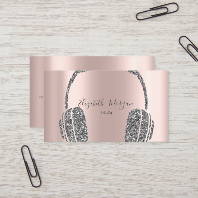 Carte De Visite Casque DJ Pailleté Argent Doré Rose (Devant/Arrière en situation)